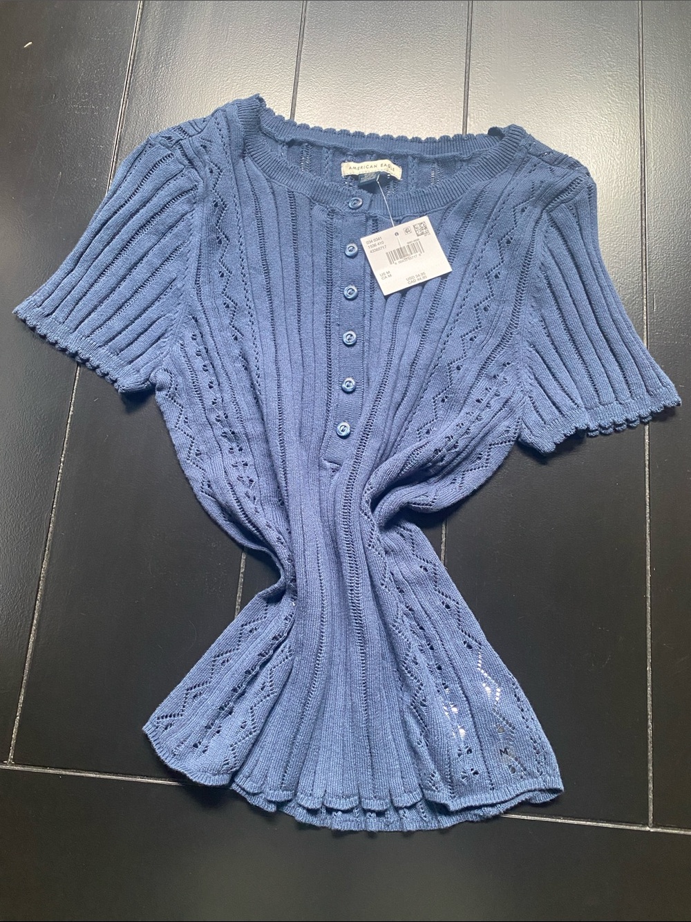 American Eagle Outfitters Navy Blue Ribbed Button-Up Short Sleeve Top Navy New